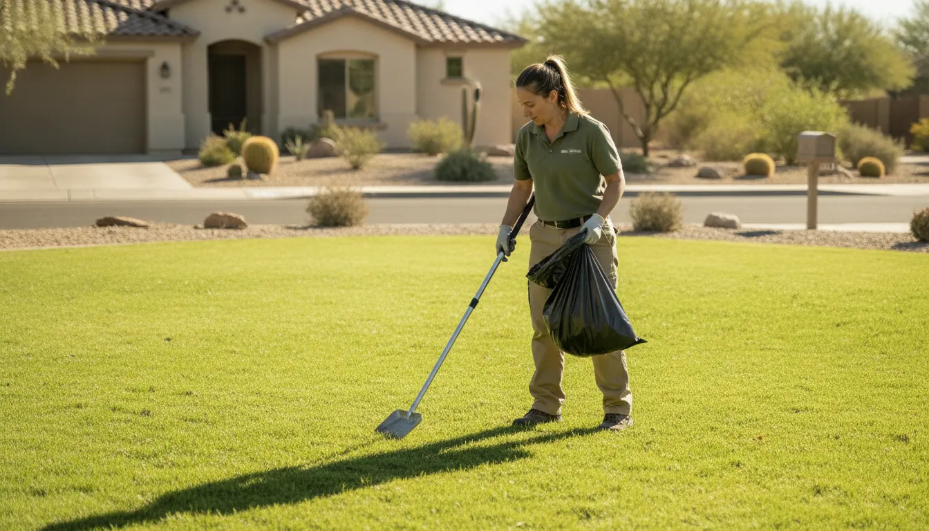Professional pooper scooper inspecting a clean residential yard