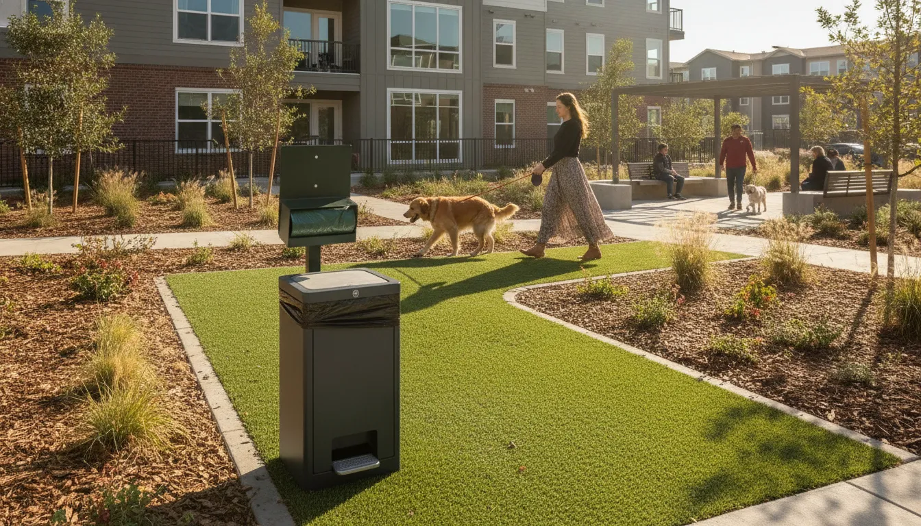 Clean apartment dog relief area with maintained waste station