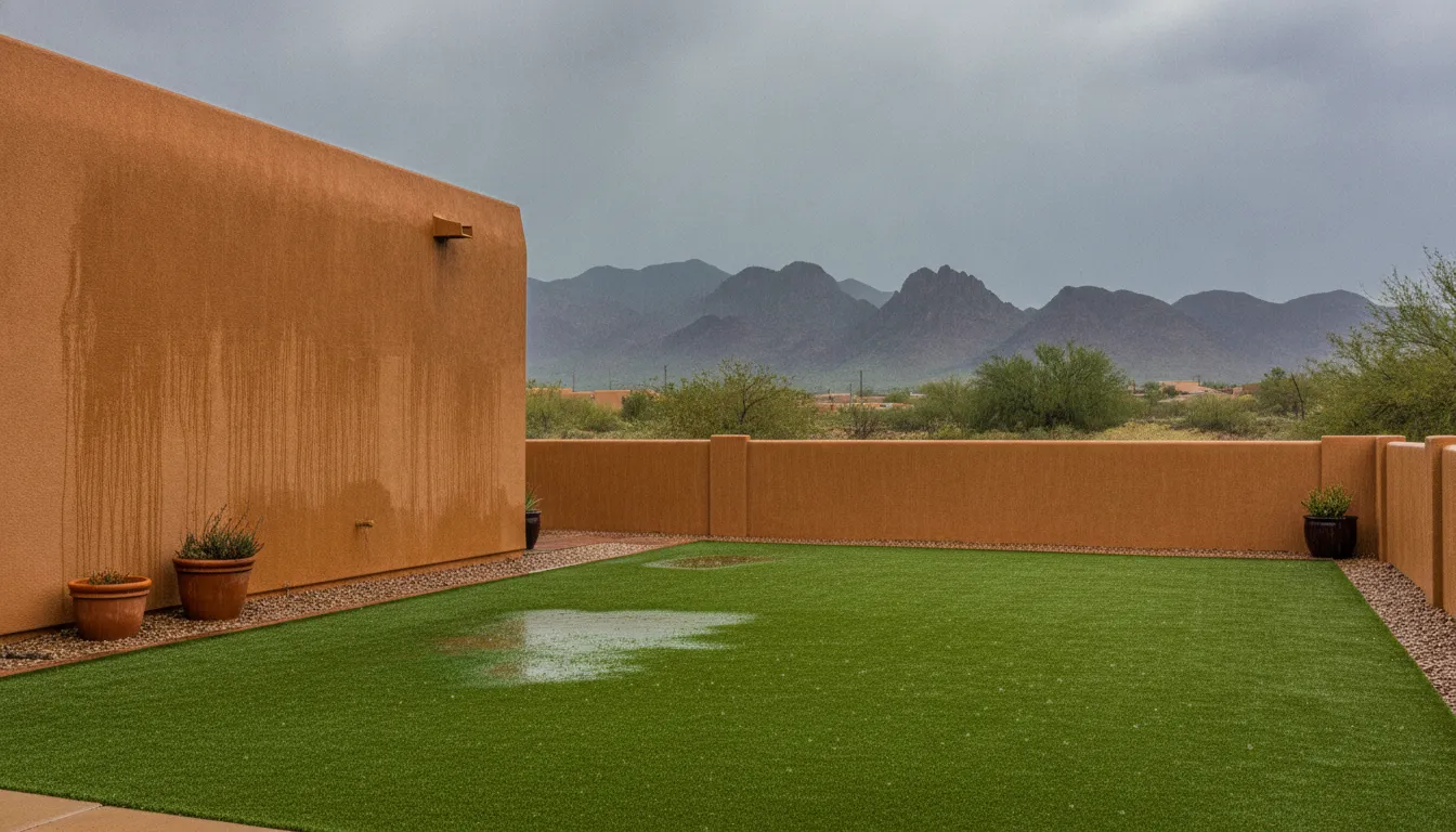 Wet artificial turf in a Tucson courtyard after a monsoon rain