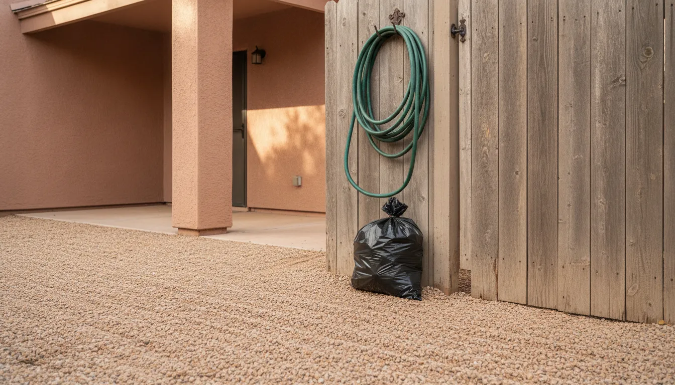 Sealed dog waste bag beside a coiled hose on a Tucson gravel side yard