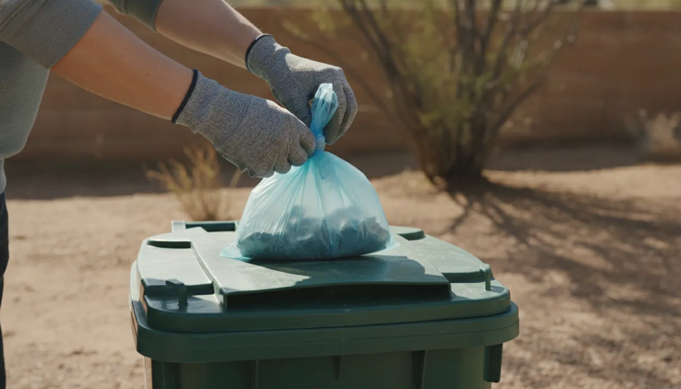 Gloved hands tying a pet waste bag beside a closed outdoor bin