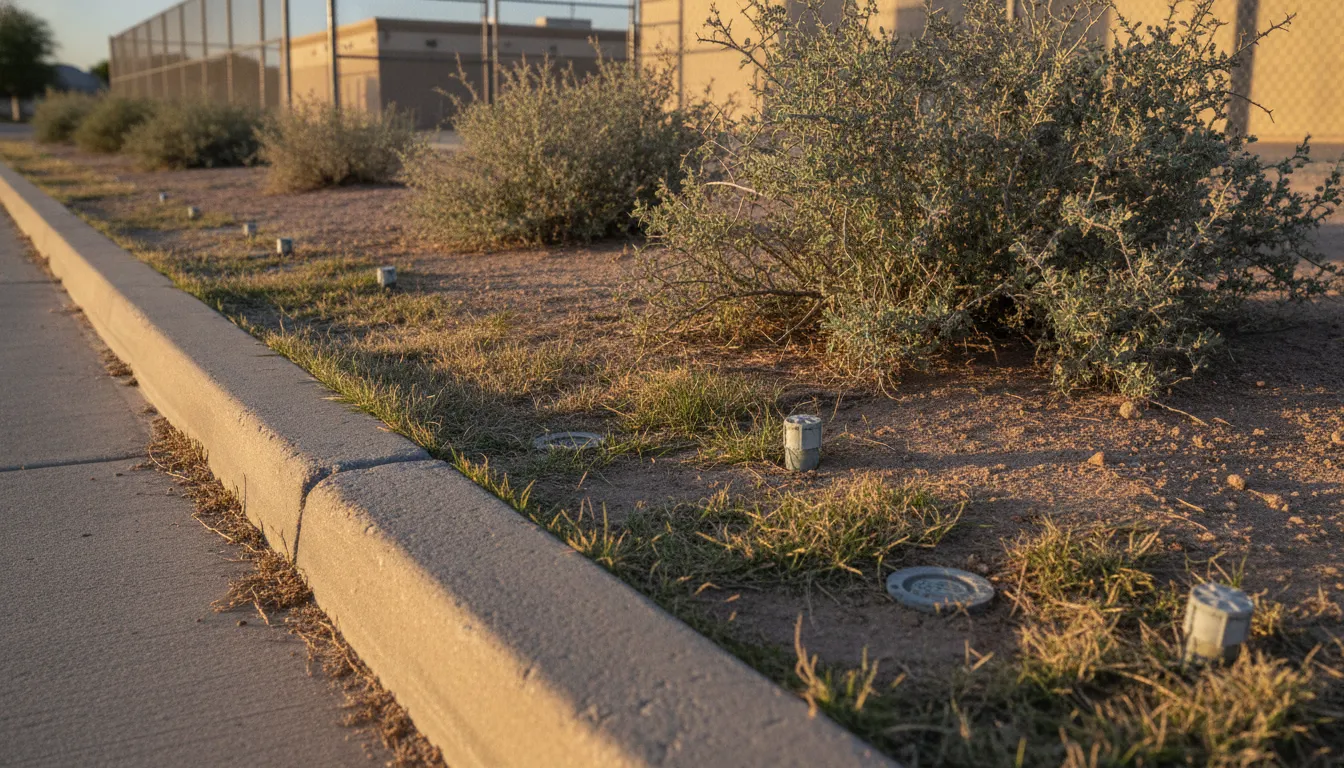 Empty Las Vegas school field edge and sidewalk before a pet waste removal visit