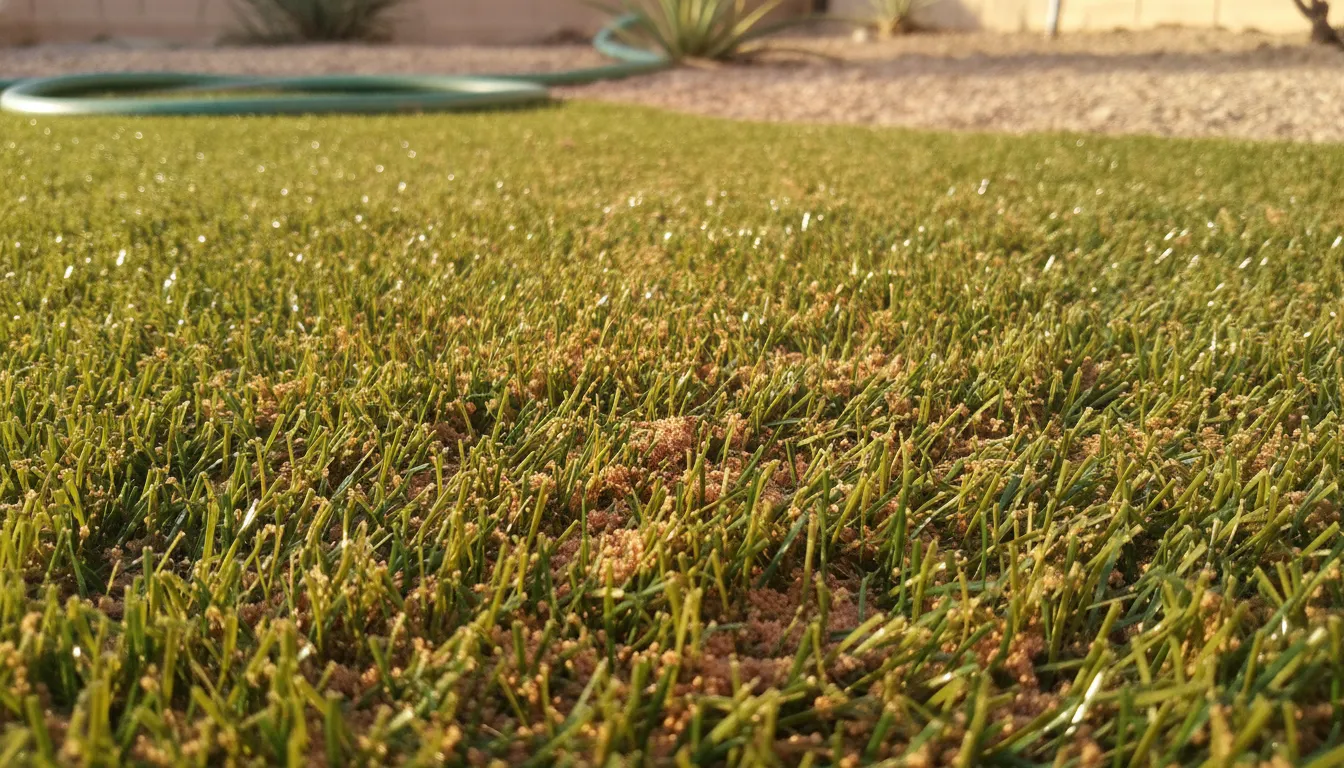Desert dust settled between artificial grass blades beside a coiled garden hose
