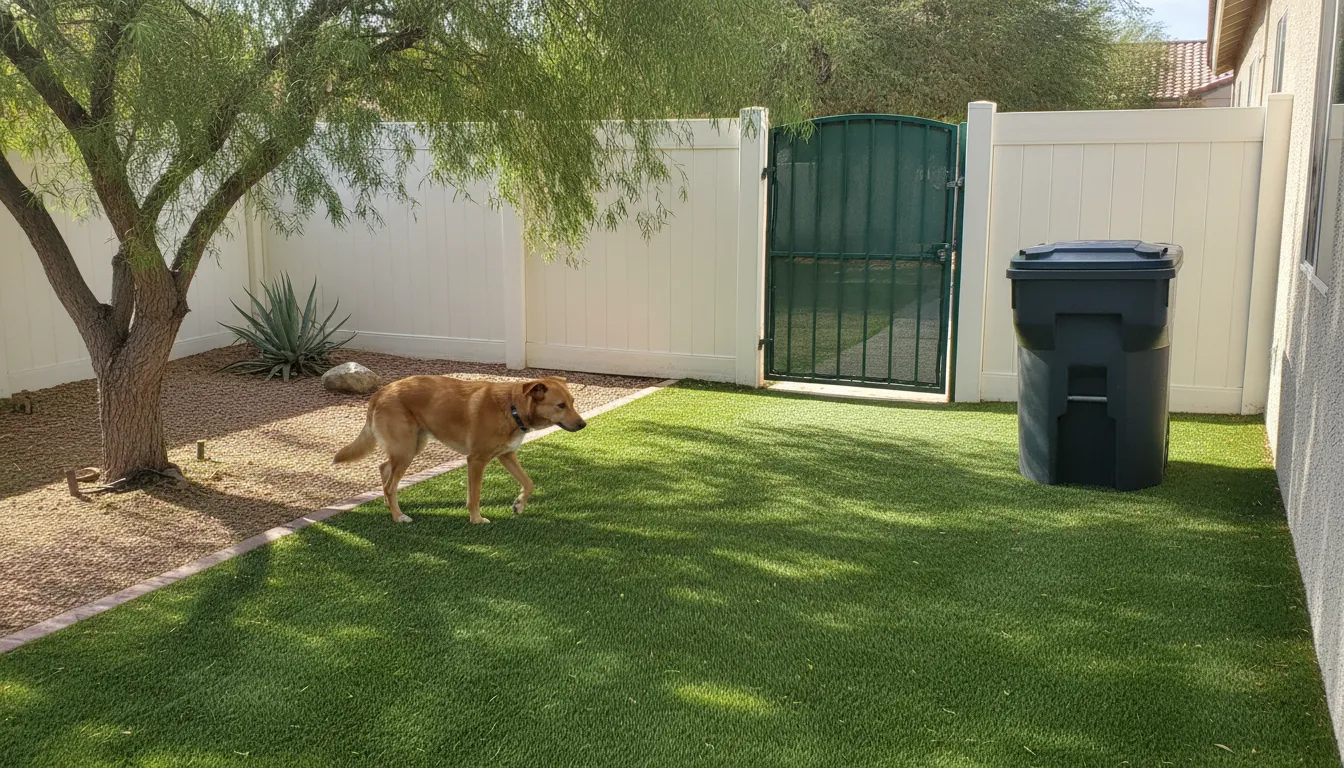 Dog on a small artificial turf yard next to a lidded waste bin by the gate
