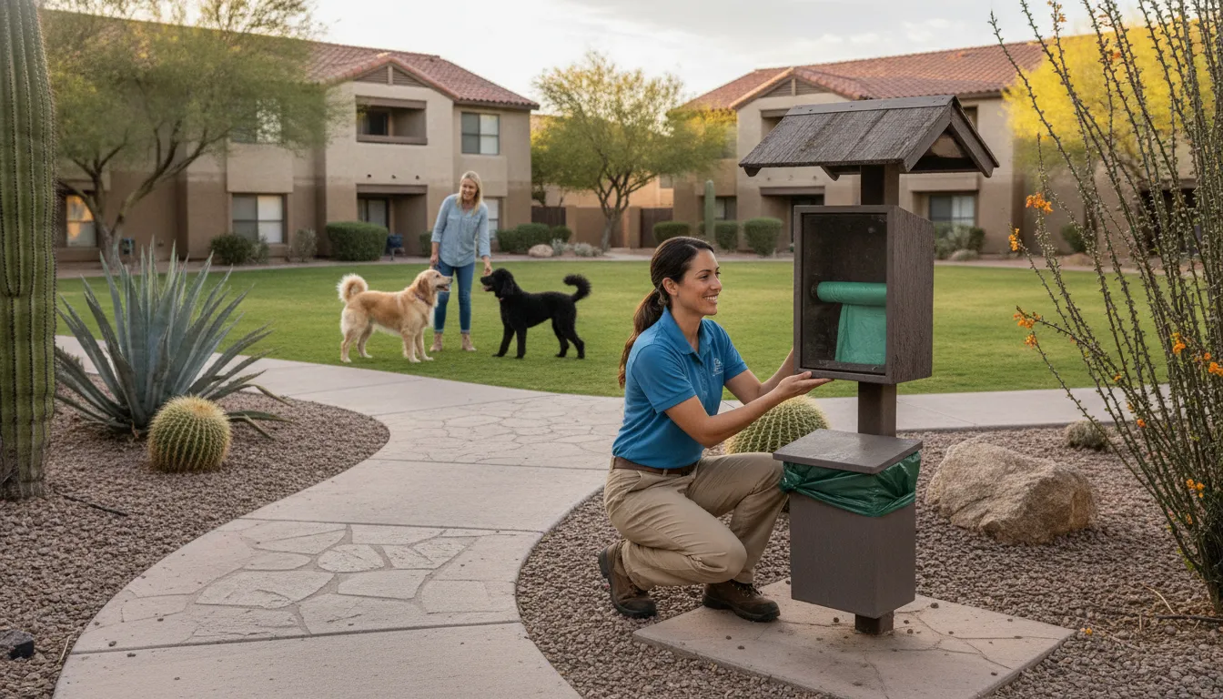 Property manager checking a clean covered pet waste station in a bright apartment community