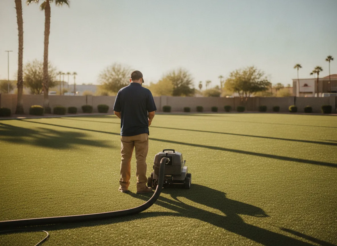 Turf cleaning equipment at the edge of an empty commercial artificial grass yard