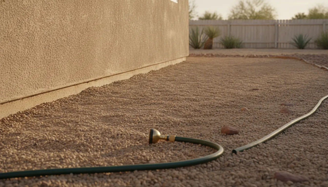 Compacted gravel base sloping away from a house wall before pet turf goes in