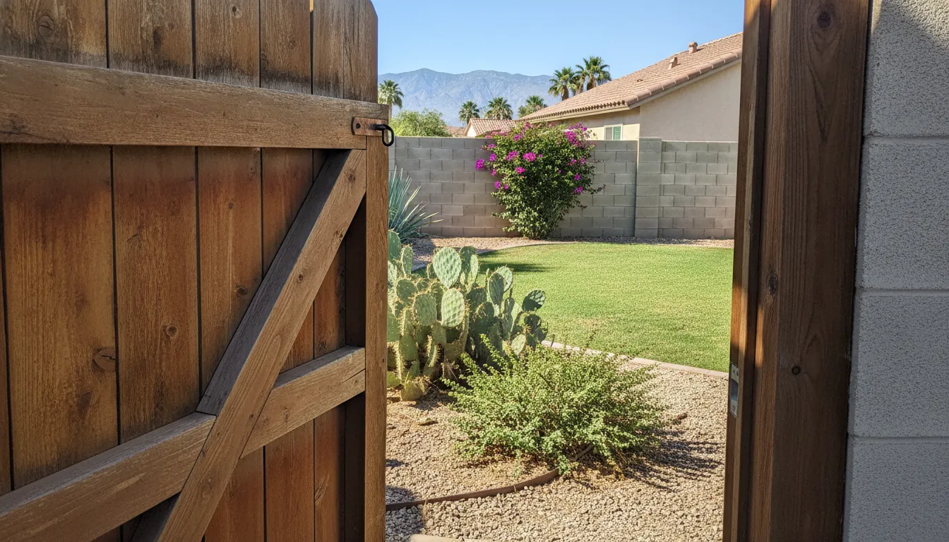 Unlocked side gate into a Las Vegas backyard, ready for a scheduled pet waste visit