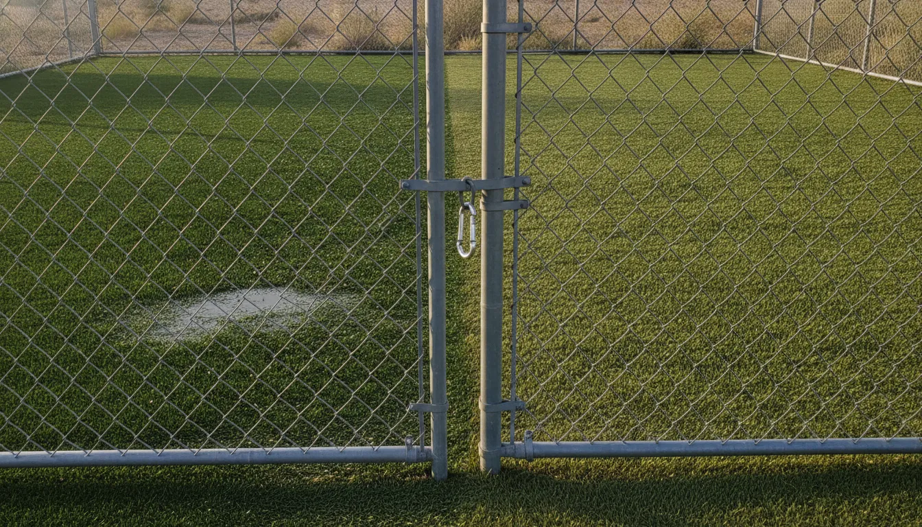 Closed gate between two empty dog daycare turf yards, one freshly rinsed