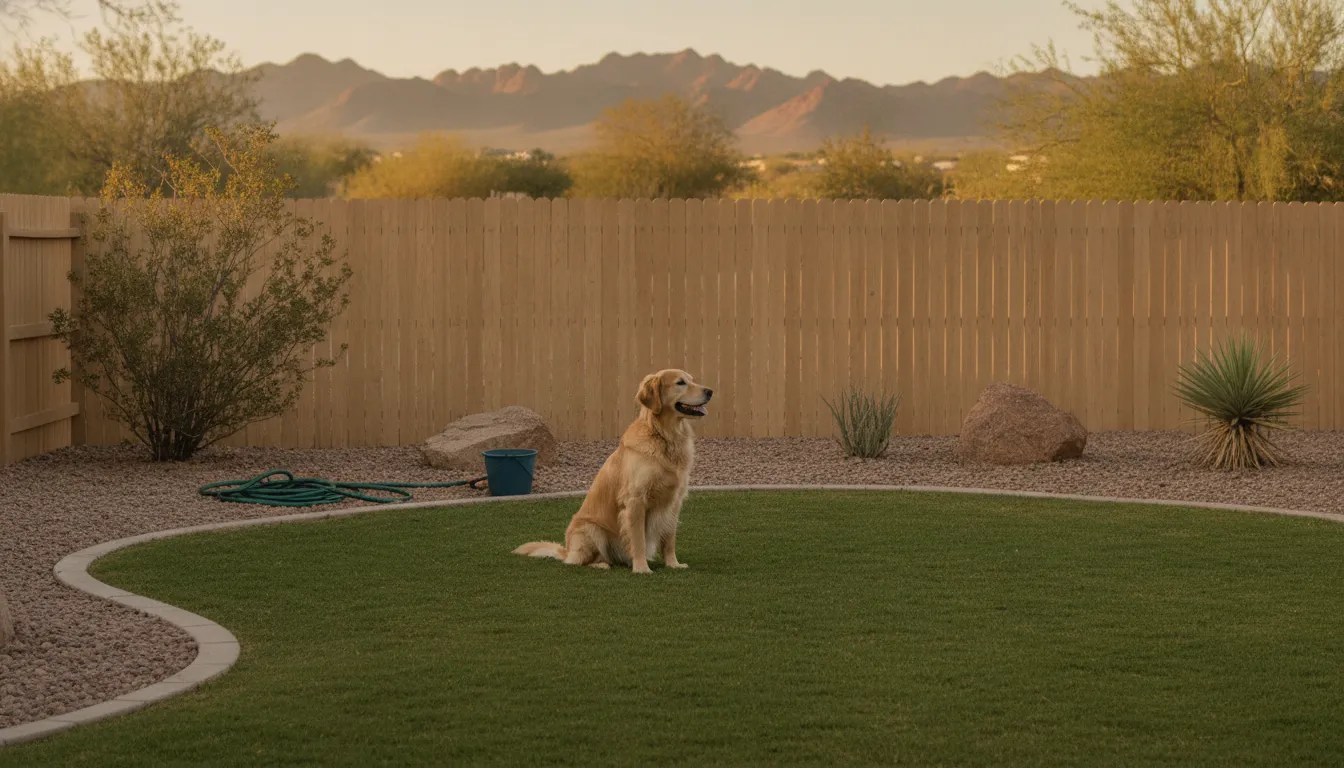 A fenced desert backyard with a dog on clean grass after a yard visit