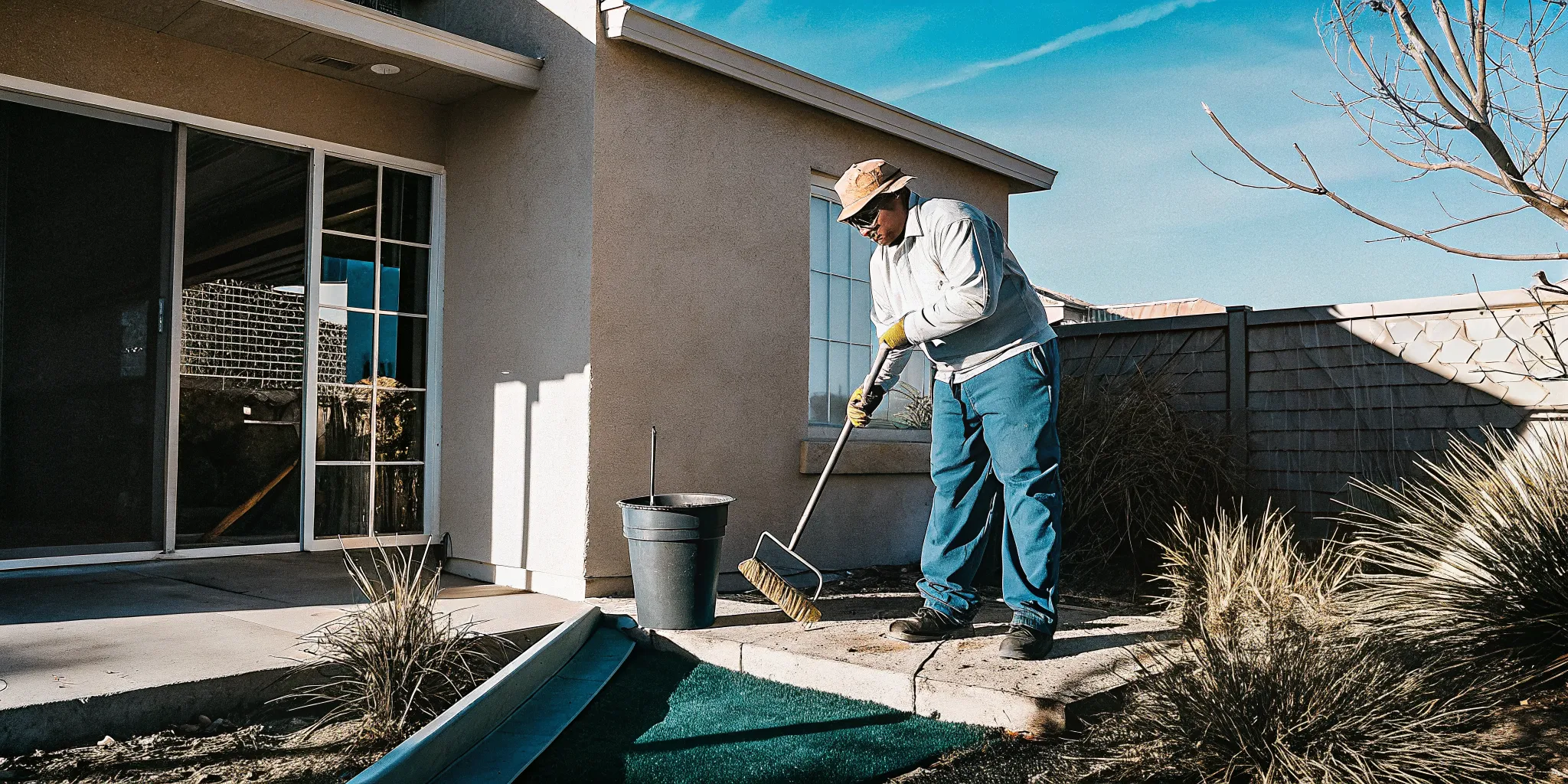 Pet waste removal technician scooping dog waste from a residential lawn in North Las Vegas