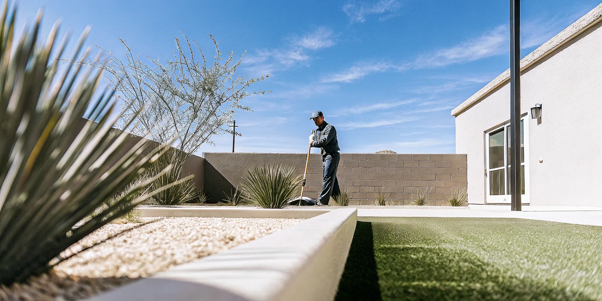A pet waste removal technician scooping dog waste from artificial turf in a sunny Las Vegas backyard