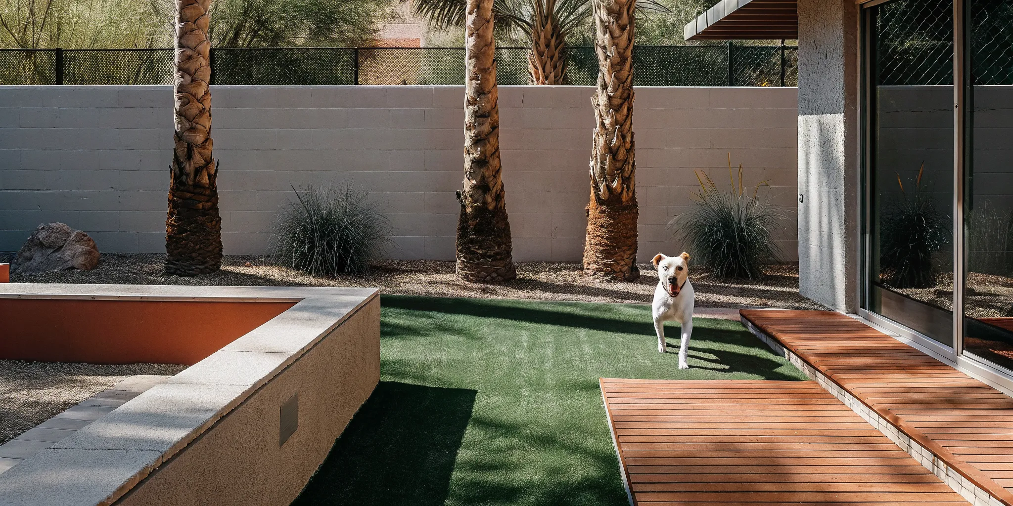 A clean Las Vegas backyard with green artificial turf and a happy dog in the summer sun