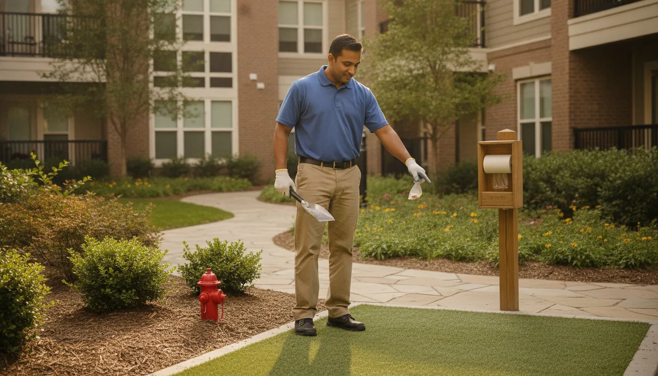 Property manager inspecting pet relief areas, waste stations, lighting, and walking paths