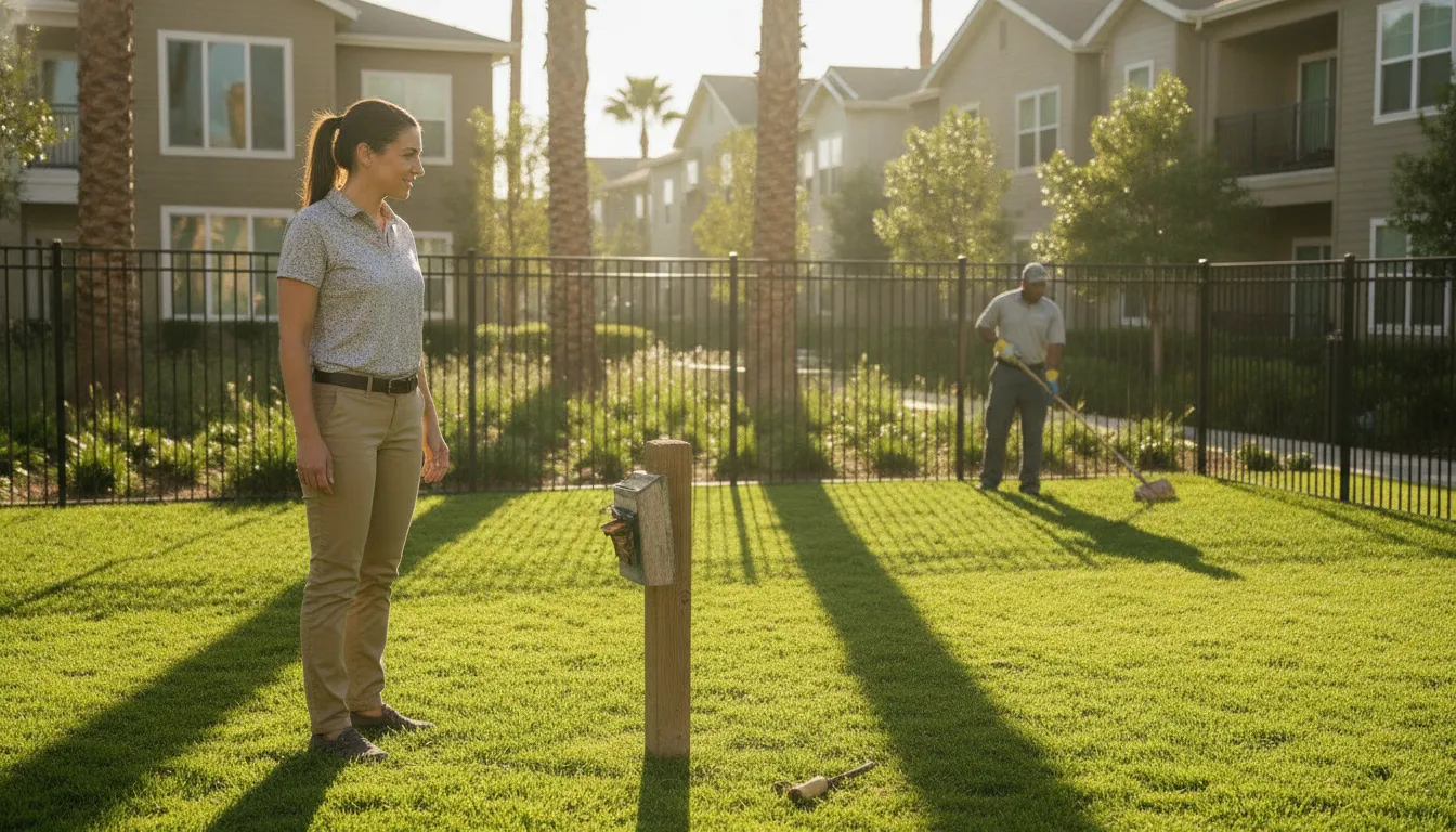 Property manager and technician maintaining a shared dog relief area