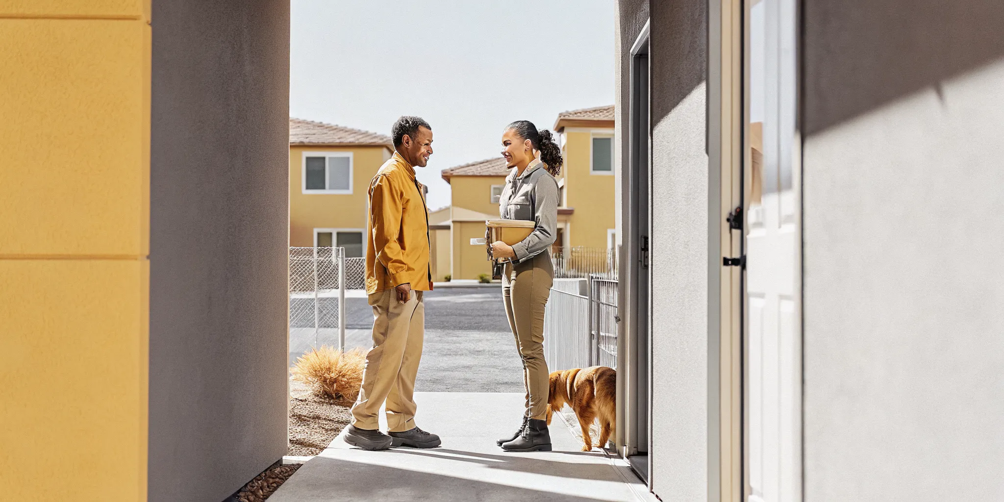 Property manager discussing pet waste maintenance plan for HOA community with service professional