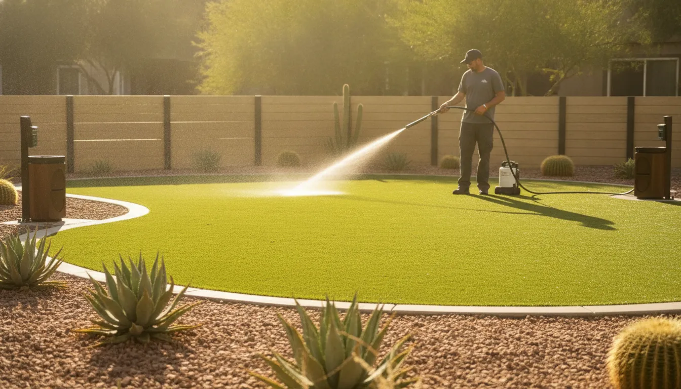 Technician cleaning artificial turf in a multifamily pet relief area