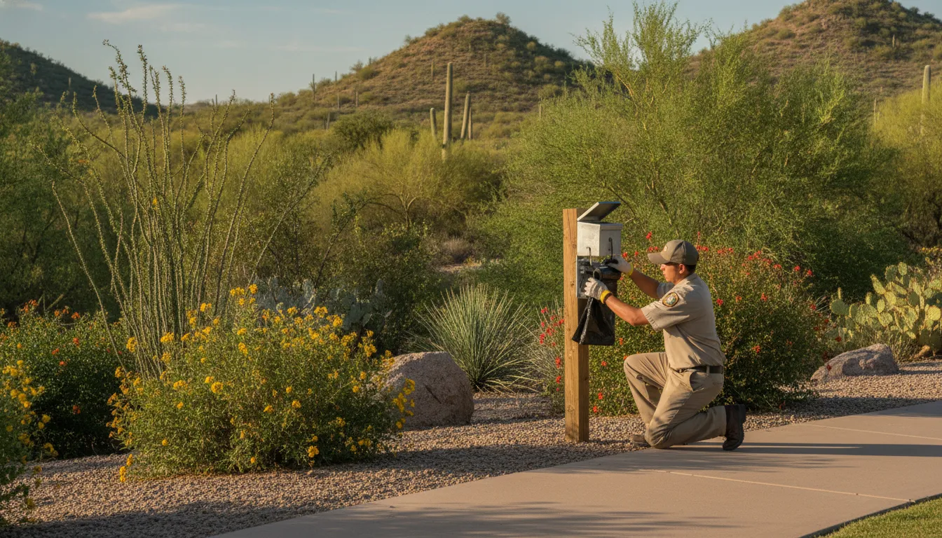 Parks worker replenishing dog waste bags on a clean public trail