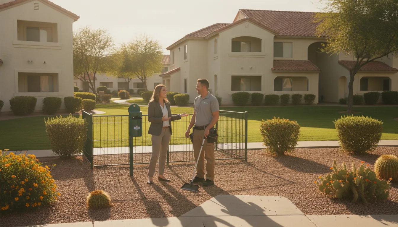 Property manager planning apartment pet waste service with a technician