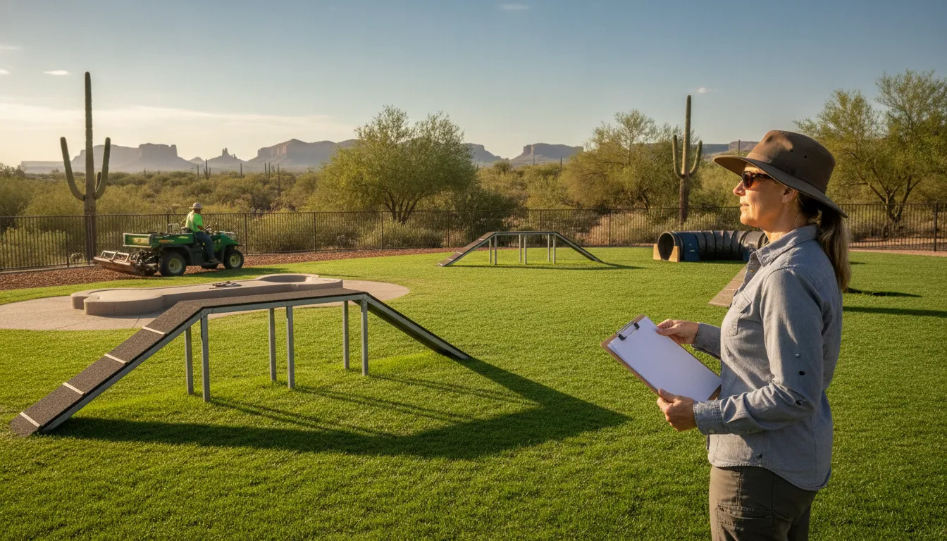 Municipal parks coordinator reviewing a dog waste station and maintenance plan