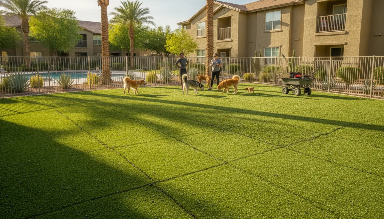 Bright artificial turf dog relief area managed with pet-friendly turf cleaning service