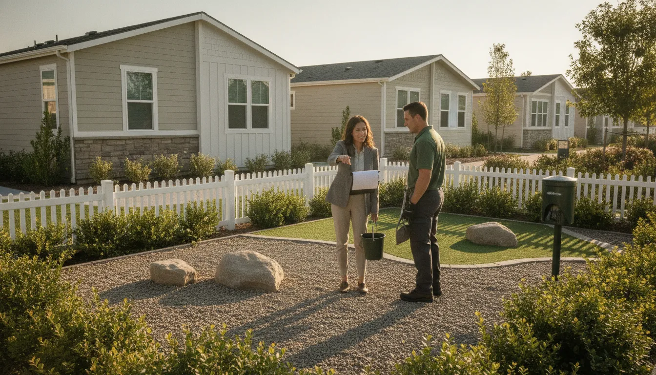 Property manager reviewing mobile home park dog waste removal quality checks with a technician