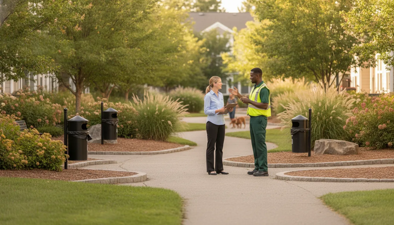 Property manager reviewing a recurring dog waste service route in a pet-friendly community