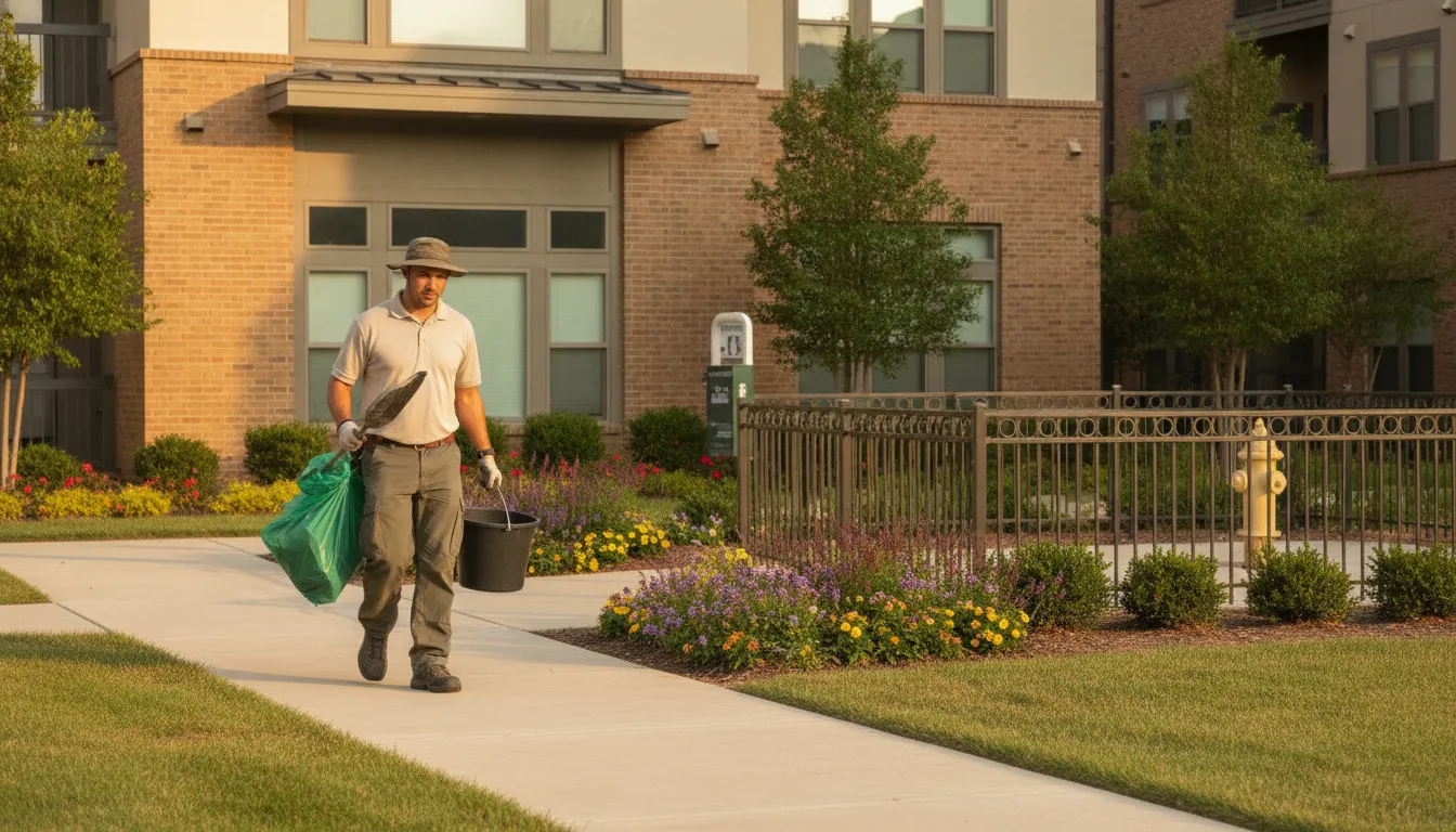 Scheduled pet waste removal route through a clean multifamily community