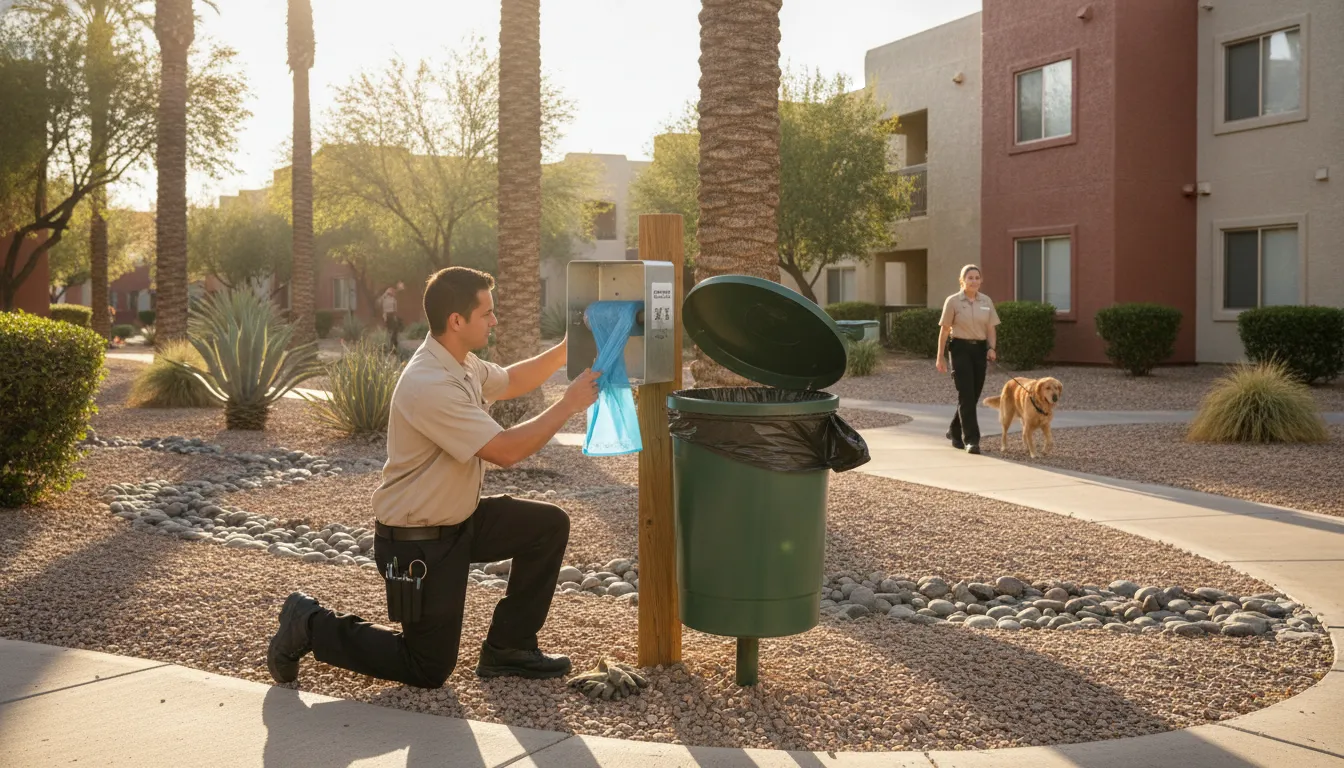 Technician servicing an apartment dog waste station and relief route