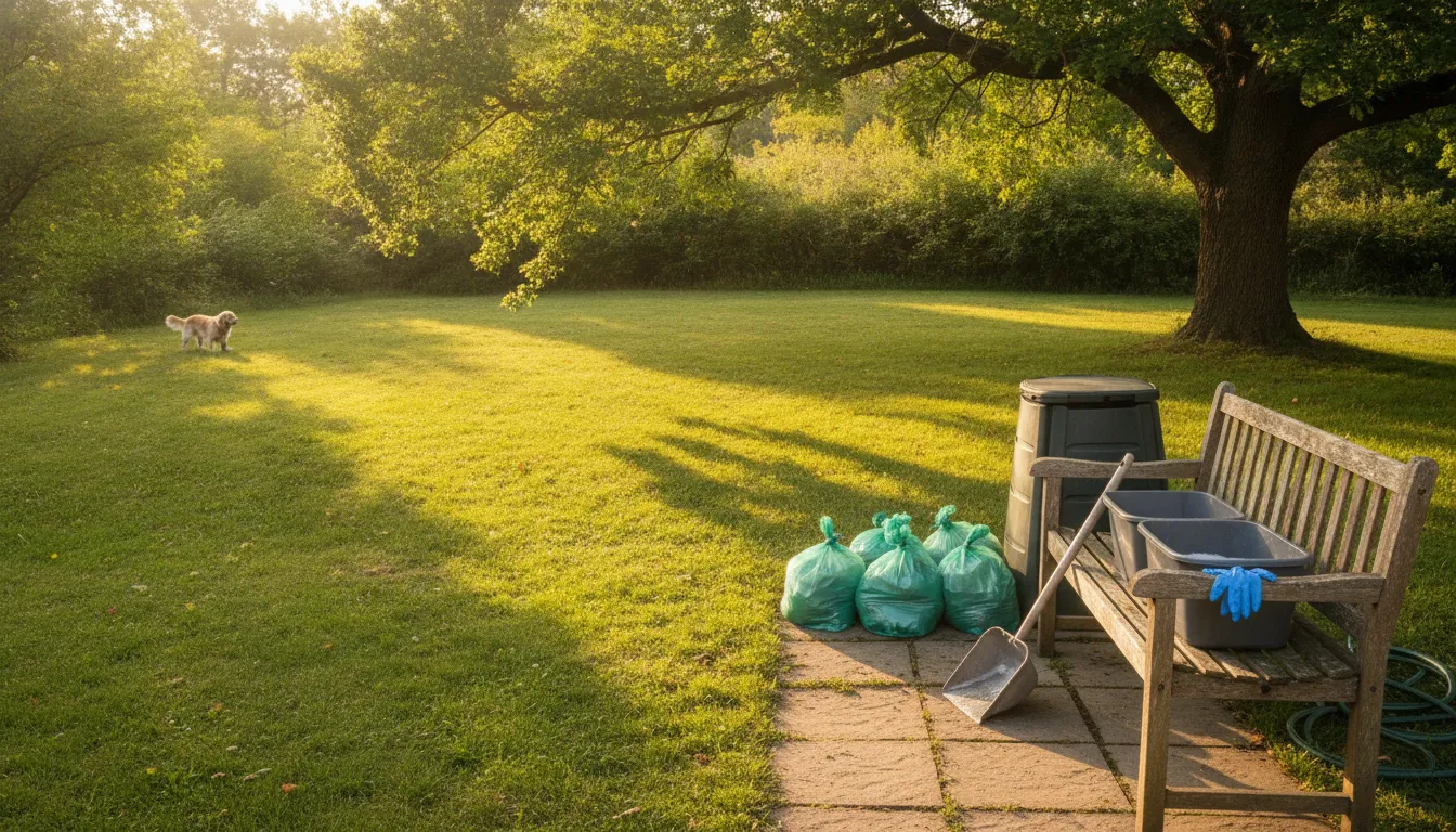 Gloved hands safely collecting dog waste in a large yard