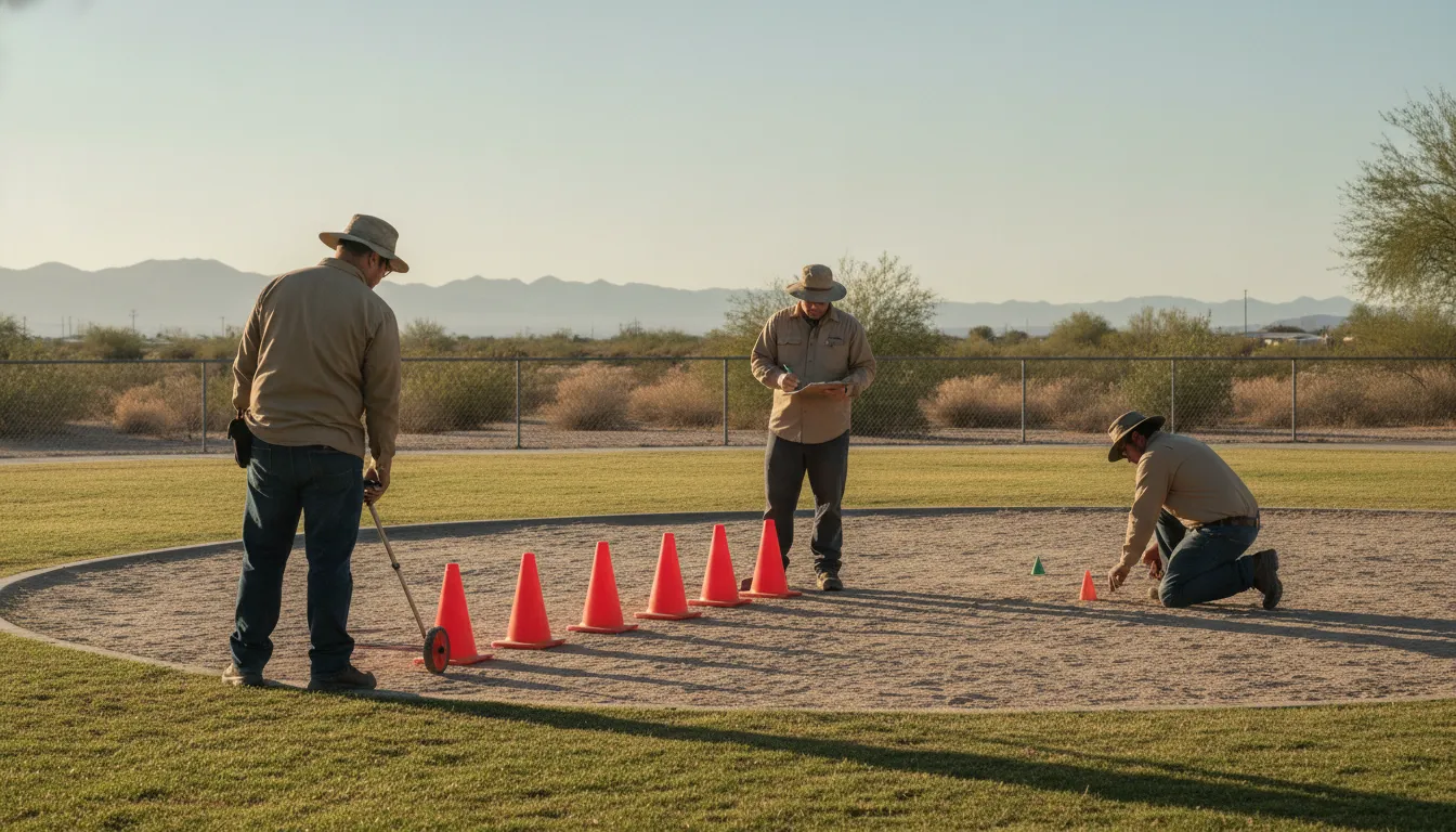 Park grounds crew reviewing a public dog park service area in morning light