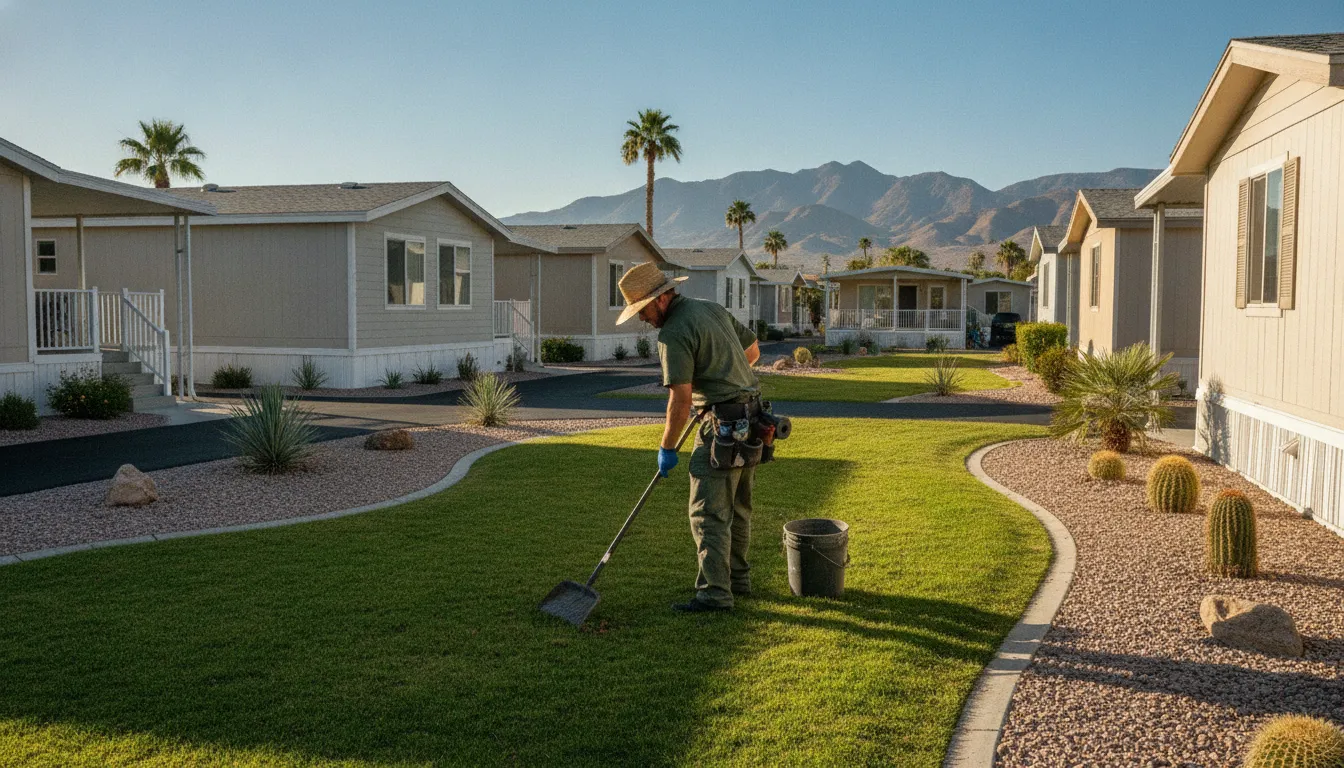 Property manager reviewing a mapped pet waste service route across a mobile-home community