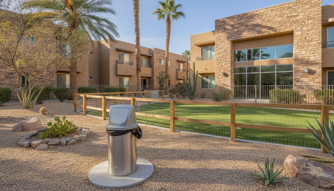 Clean shared Las Vegas pet area with dog waste station