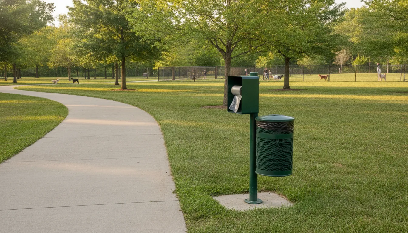 Bright clean dog park waste station with bag dispenser and covered receptacle