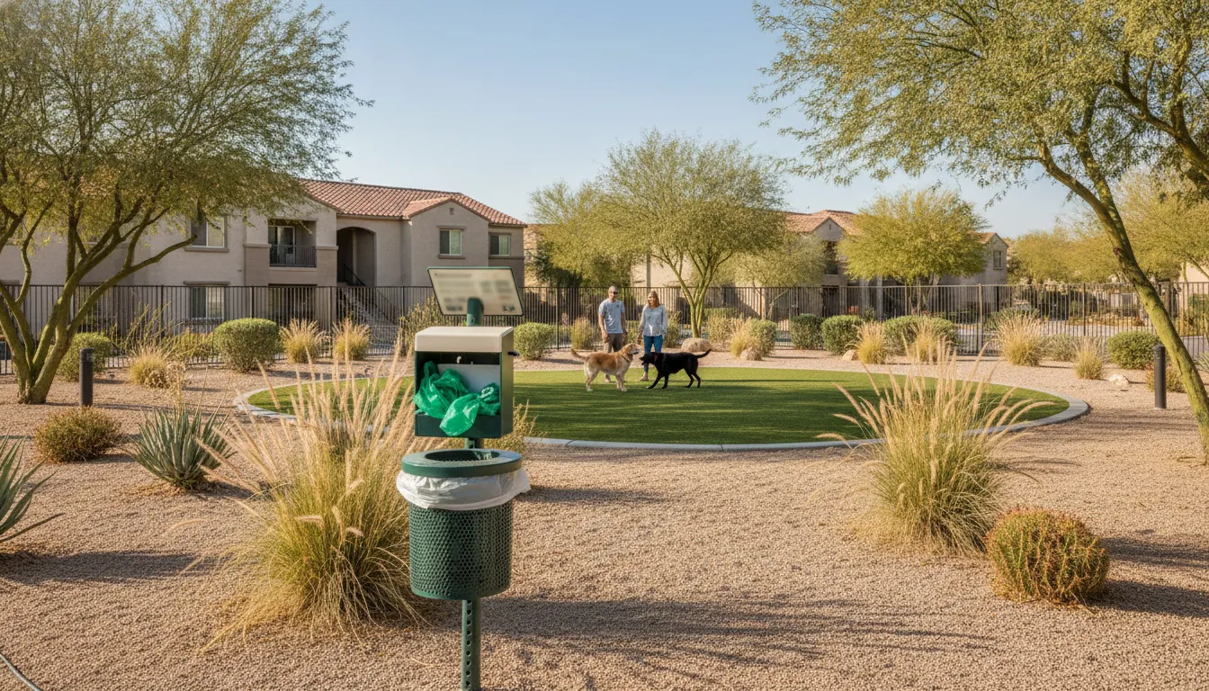 Clean pet waste station and dog run in an apartment community
