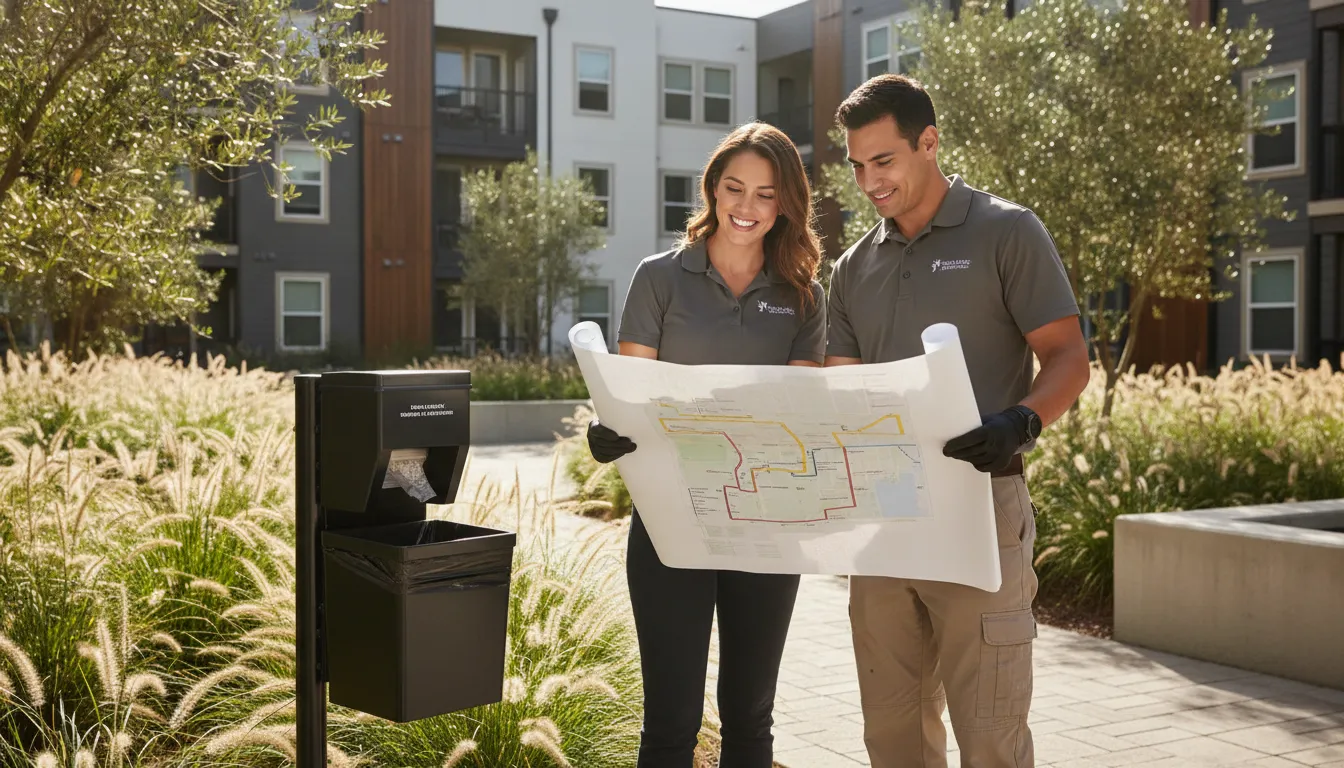 Property manager reviewing a multifamily pet waste station layout
