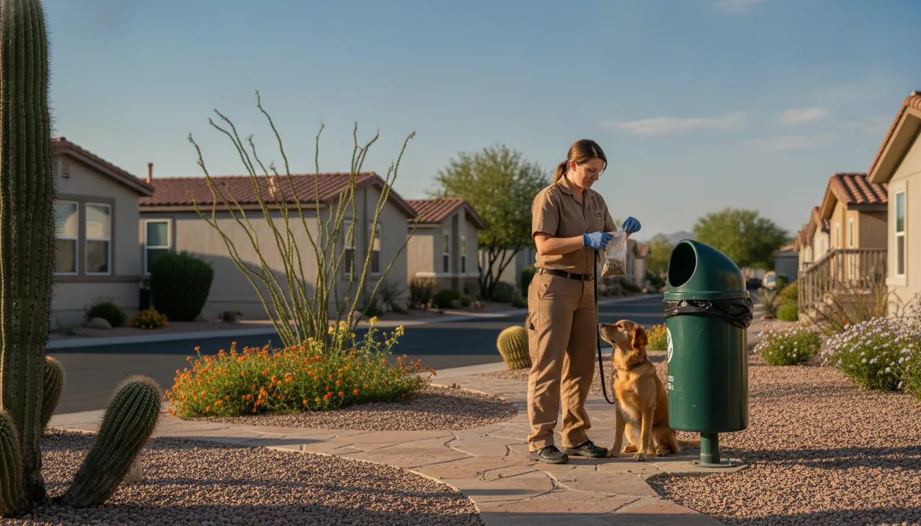 Bright pet waste station maintained in a mobile home park dog waste removal program