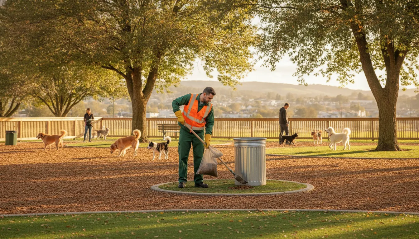 Technician sanitizing a bright dog park area around a waste station