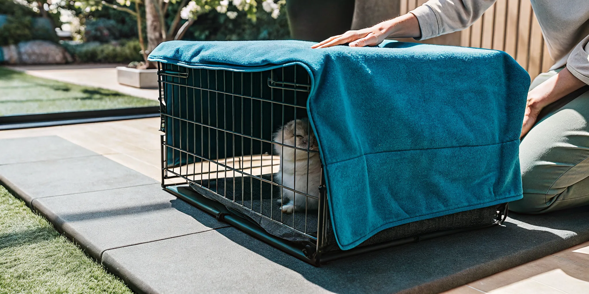 A covered humane cat trap resting in a cool, shaded spot in a Las Vegas backyard