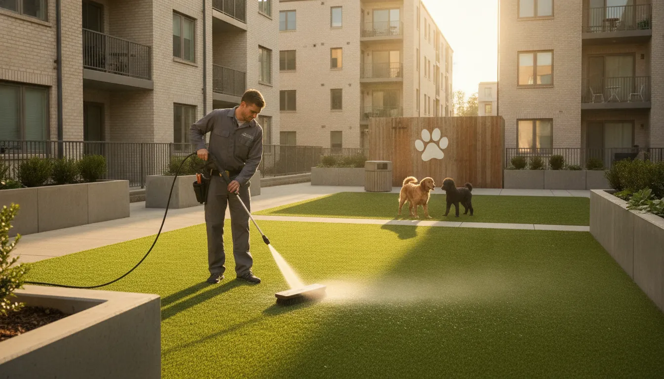 Technician providing pet-friendly turf cleaning service in a bright courtyard