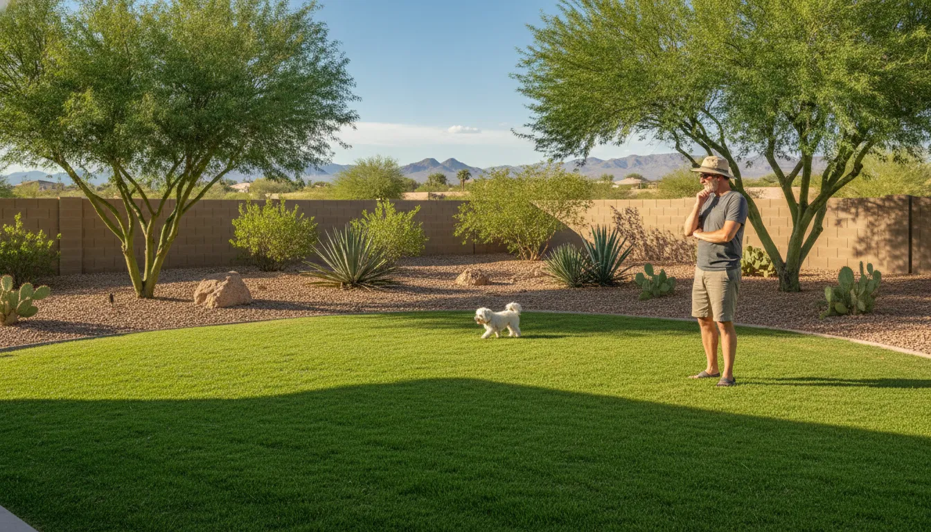 Homeowner inspecting a clean lawn after spring dog poop cleanup