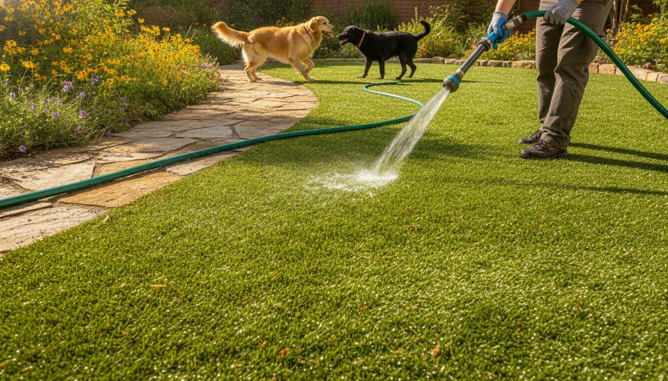 Technician rinsing artificial turf for pet waste maintenance