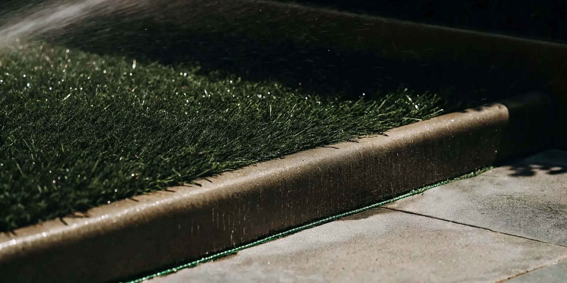 Clean artificial grass turf being rinsed with water in a Las Vegas backyard