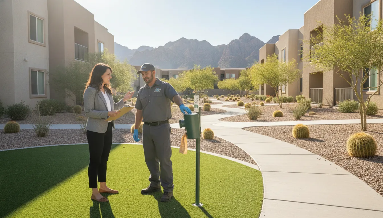 Property manager comparing commercial dog waste removal vendors in Las Vegas