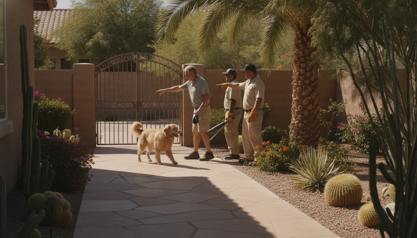 Las Vegas homeowner checking a backyard gate before dog waste cleanup