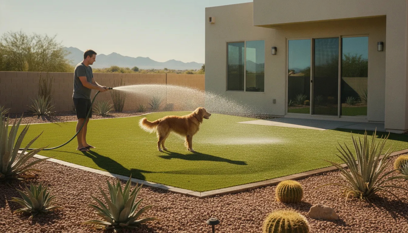 Homeowner rinsing artificial turf in a Las Vegas backyard to remove dog urine odor