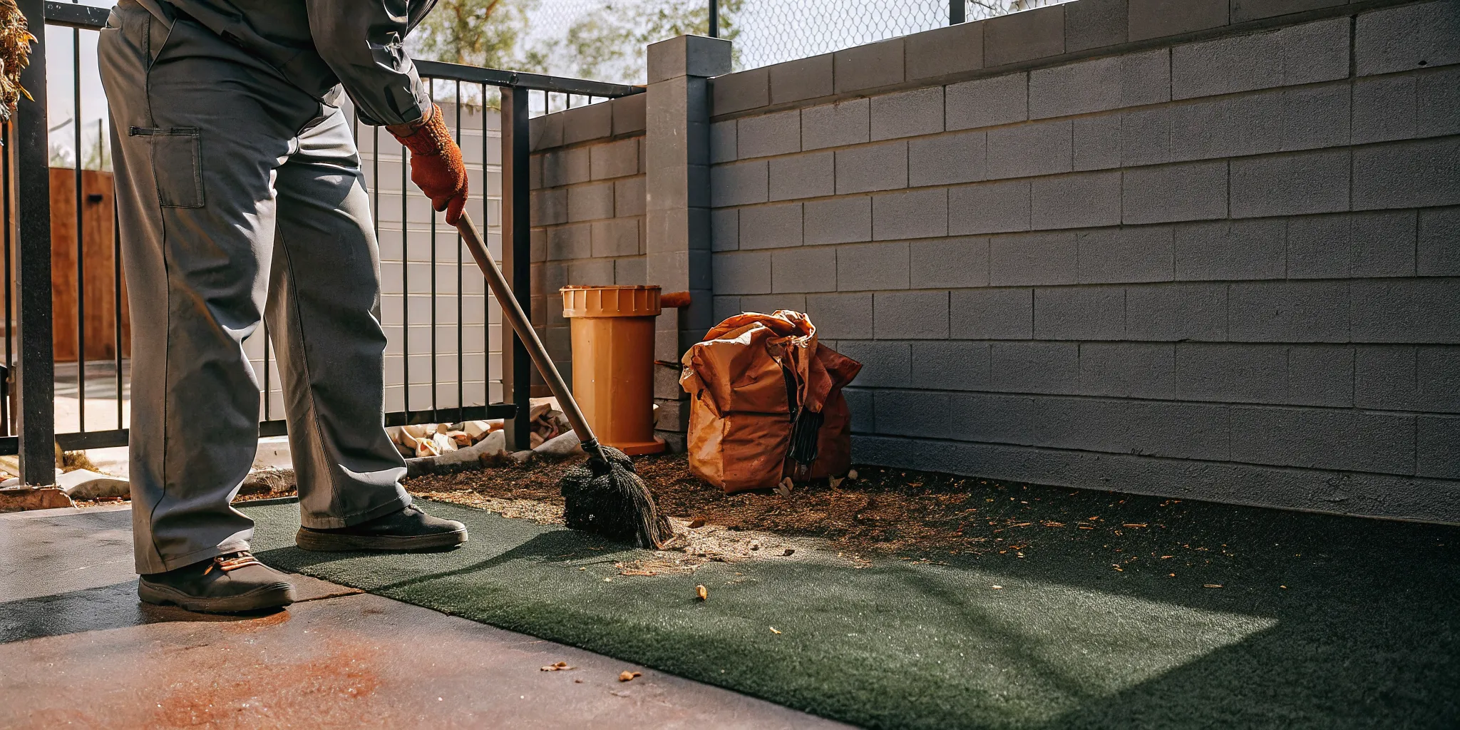 Pet waste removal technician bagging dog waste in a Las Vegas backyard during a one-time cleanup