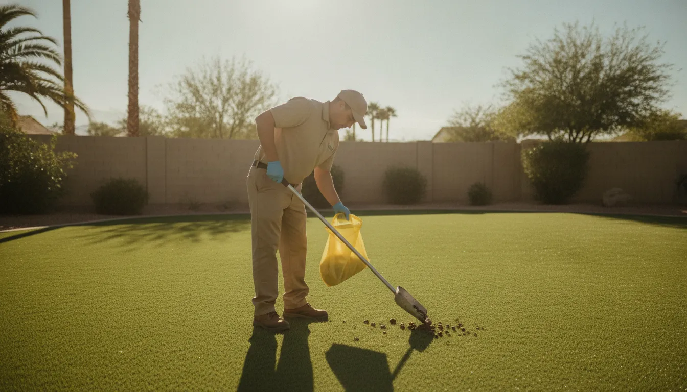 A1 Pet Maintenance technician scooping dog waste in a Las Vegas backyard with artificial turf