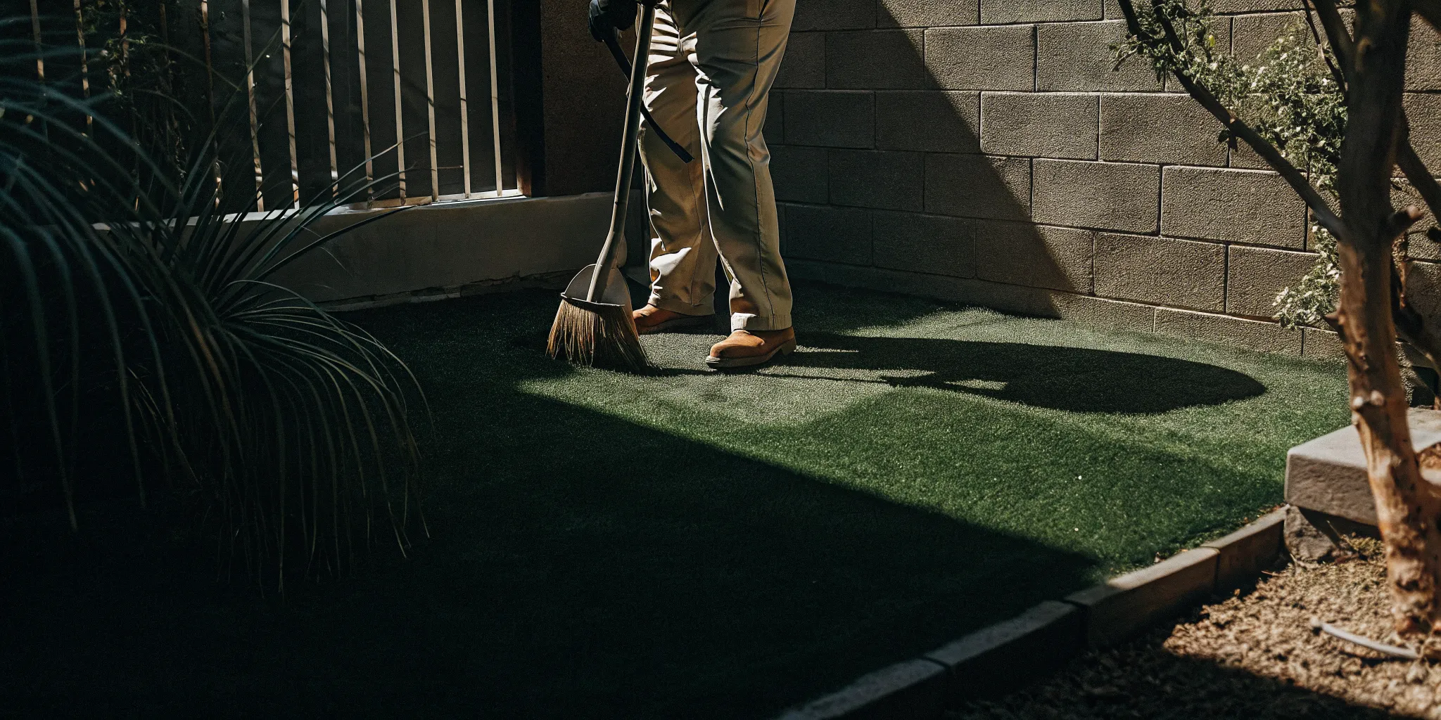 Professional pet waste removal technician using a scoop tool in a sunny Henderson backyard with artificial grass