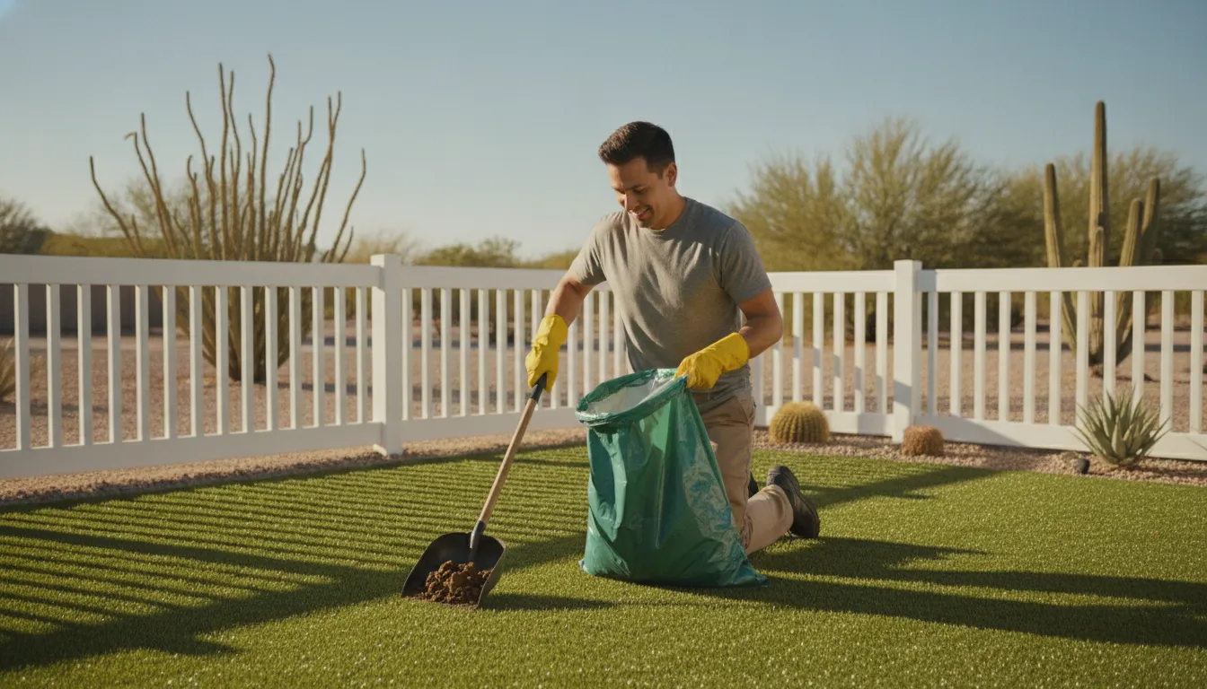 Technician performing dog waste removal in a Southwest Las Vegas backyard